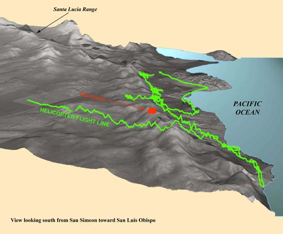 Oblique view of digital elevation model showing helicopter flight path on return to Paso Robles and earthquake mainshock.  For a more detailed explanation, contact Lewis Rosenberg at Lrosenberg@co.slo.ca.us