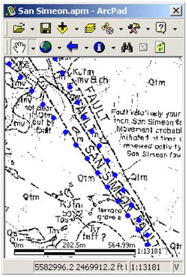 Screenshot of helicopter flight path (dotted lines) and scanned geologic map (Hall, 1974) showing San Simeon fault.  For a more detailed explanation, contact Lewis Rosenberg at Lrosenberg@co.slo.ca.us