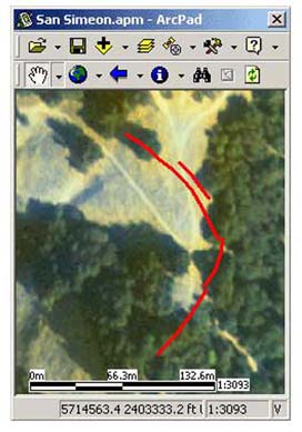 Screenshot of aerial photograph and landslide scarps (shown by the red lines) located with GPS. For a more detailed explanation, contact Lewis Rosenberg at Lrosenberg@co.slo.ca.us