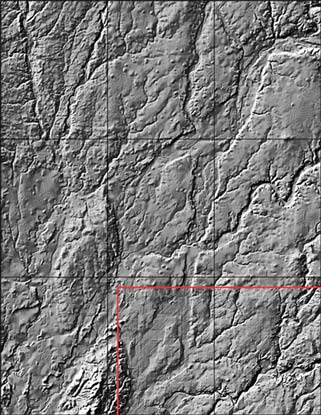 Figure 2. The digital elevation model of nine central Indiana 7.5-minute quadrangles before (A) and after (B and C) the editing process. B. Revised DEM, hillshaded. There is a slight difference in topographic “texture” between the areas processed by the IGS and the areas processed by the U.S. Geological Survey (southeast and south-central quadrangles). For a more detailed explanation, contact Robin Rupp at rrupp@indiana.edu.
