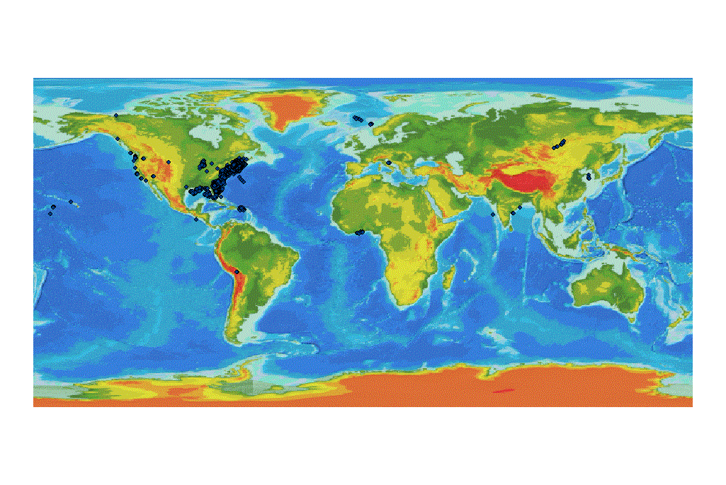 Location of USGS East Coast surficial sediment samples (ecstdb2011) displayed on world map