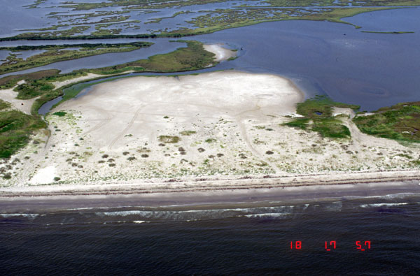 Areas where dunes are either absent, or are low, discontinuous, and sparsely vegetated are prime candidates for overwash
