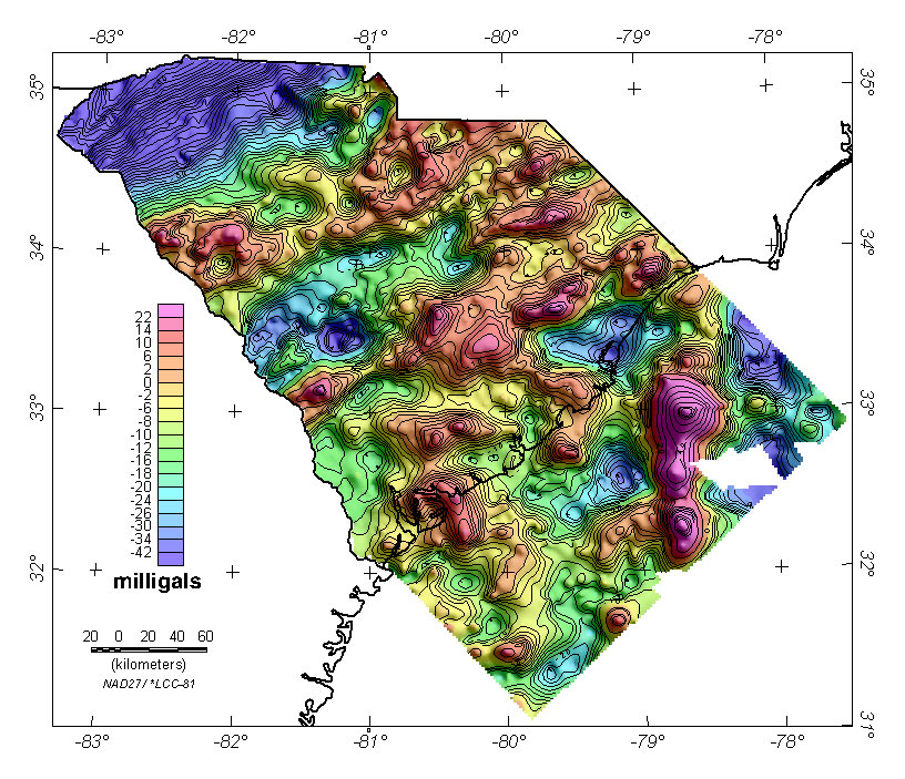  Complete Bouguer gravity anomaly map of South Carolina and adjacent offshore area