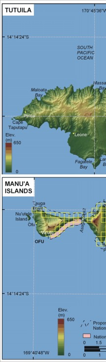 Figure 3.  Shoreline grid for National Park of American Samoa. Each cell is approximately 500 meters of shoreline and represents a shoreline segment for which each variable is defined.