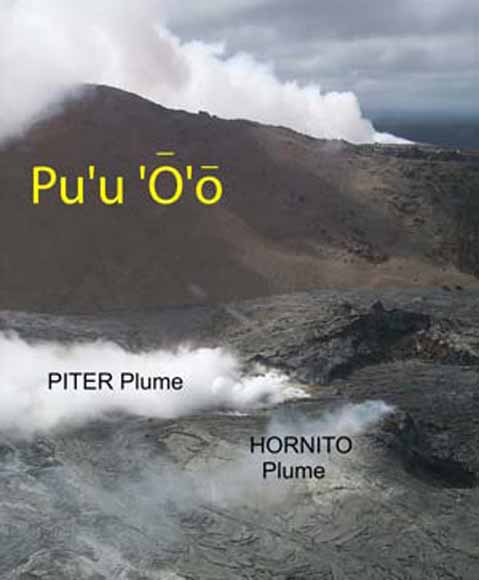 Photo of volcano showing two plumes of gasses in foreground