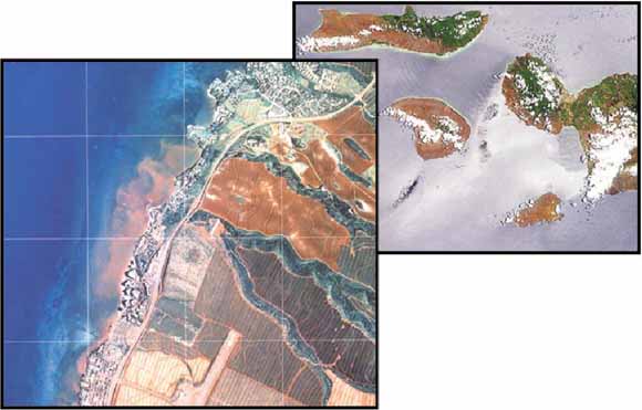 Two satellite images, one overview and one closer, of west Maui showing shoreline