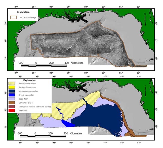  An image showing GLORIA sidescan mosaic in one panel and the interpretive overlay in the other.