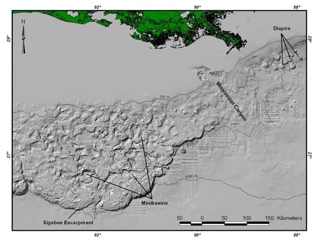 A figure showing shaded-relief bathymetry with pronounced minibasins.