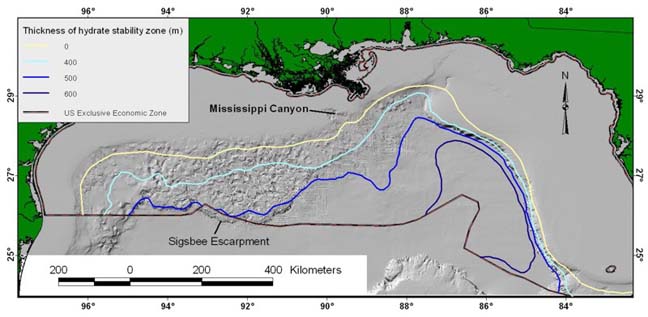 An image showing contour lines indicating estimated thickness of the hydrate stability zone.