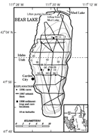 thumbnail image of figure 1 in report: bathymetric map of Bear Lake Utah and Idaho