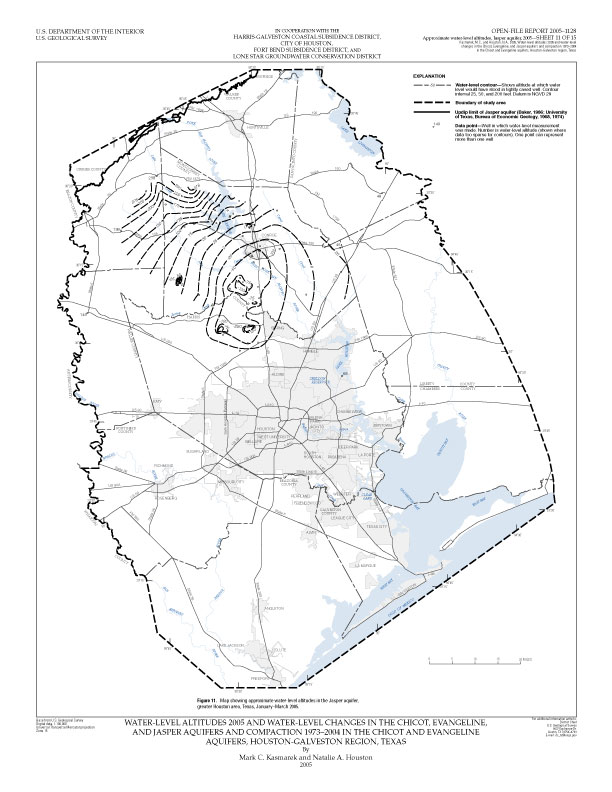 Figure 11. Map showing approximate water-level altitudes in the Jasper aquifer, greater Houston area, Texas, January–March 2005. 