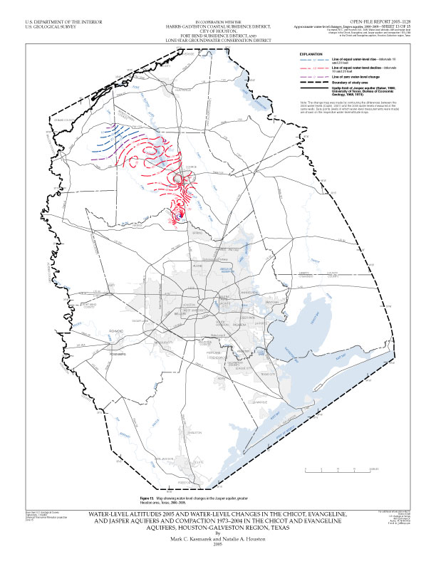 Figure 13. Map showing water-level changes in the Jasper aquifer, greater Houston area, Texas, 2000–2005. 