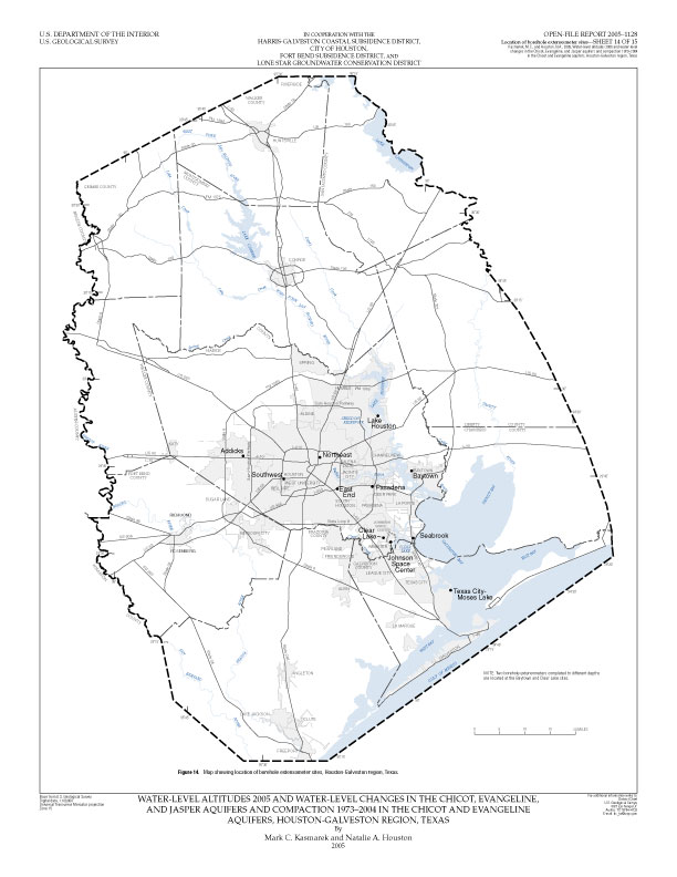 Figure 14. Map showing location of borehole extensometer sites, Houston-Galveston region, Texas. 