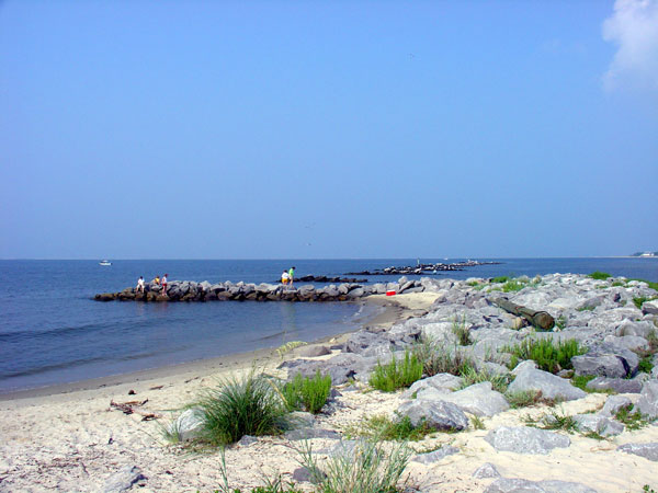 Rock groins and rip rap are used to protect Fort Gaines on Dauphin Island, Alabama from storm waves and beach erosion. 