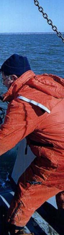 Image shows USGS and Connecticut DEP scientists deploying a modified Van Veen grab sampler in Long Island Sound. This sampler is equipped with both still and video cameras.