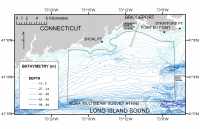 Figure 9. Bathymetry of Bridgeport, Connecticut, study area, bathymetric contours from DiGiacomo-Cohn and others (1998). 