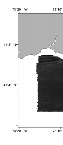Inverted composite sidescan-sonar mosaic of NOAA survey h11045 off Bridgeport, Connecticut (geographic).