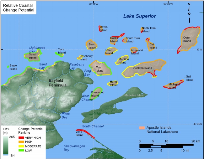 Figure 13A. Relative Coastal Change-potential for Apostle Islands National Lakeshore.