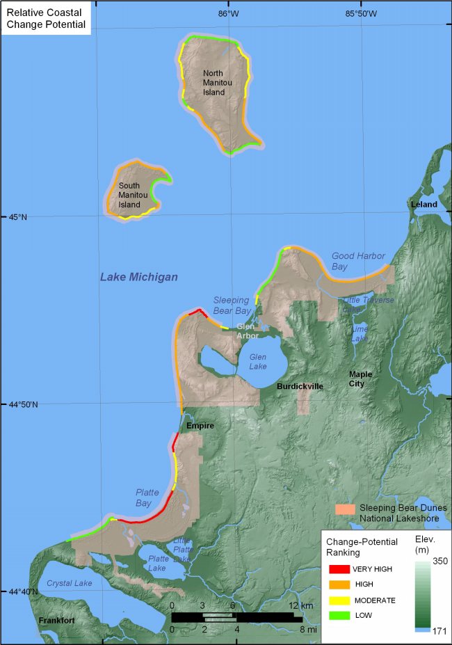 Figure 13C.   Relative Coastal Change-potential for Sleeping Bear Dunes National Lakeshore.