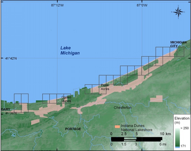 Figure 5B.   Shoreline grid for Indiana Dunes NL. Each cell is approximately I-minute and represents a shoreline segment for which each variable is defined.