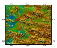 Figure 2.5b.  Map showing topography in shaded relief view, colored by backscatter intensity, in western Massachusetts Bay around the new ocean outfall (see Butman and others,2003 a,b,c 
