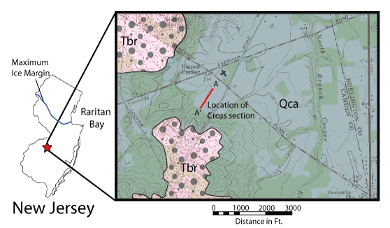 Figure 1. Location of profile on a north facing colluvium covered slope (Qca) in the uplands of southern New Jersey adjacent to the Delaware Valley