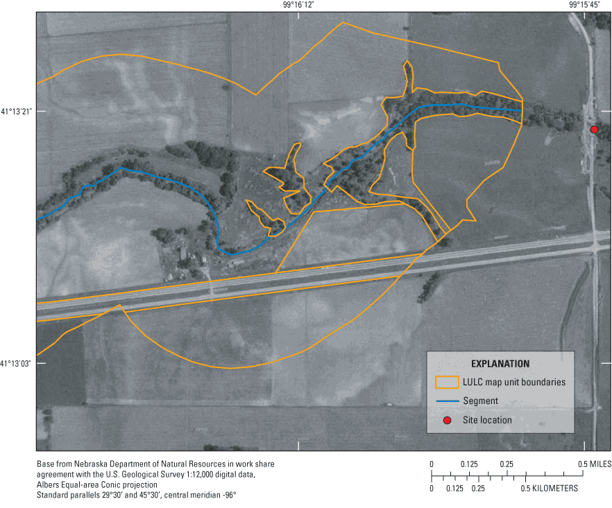 Figure 3. Addition of land-use/land-cover (LULC) map unit boundaries to subdivide the LULC_S250 coverage into LULC categories for Mud Creek near Mason City, Nebraska.