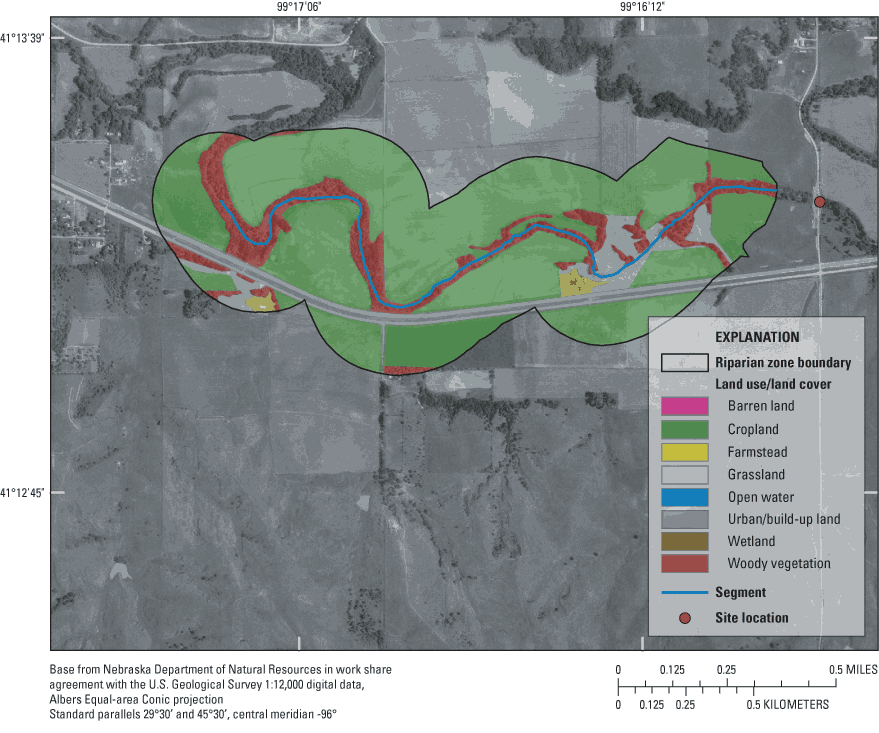 Figure 4. Mapped and classified land use/land cover within the riparian zone along a stream segment for Mud Creek near Mason City, Nebraska. 