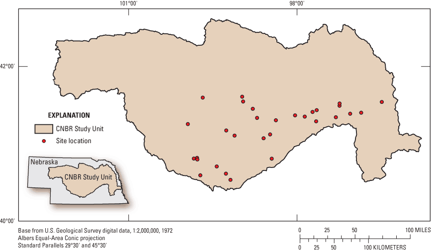 Figure 7. Location of the 28 sampling sites in the Central Nebraska Basins (CNBR) Study Unit.