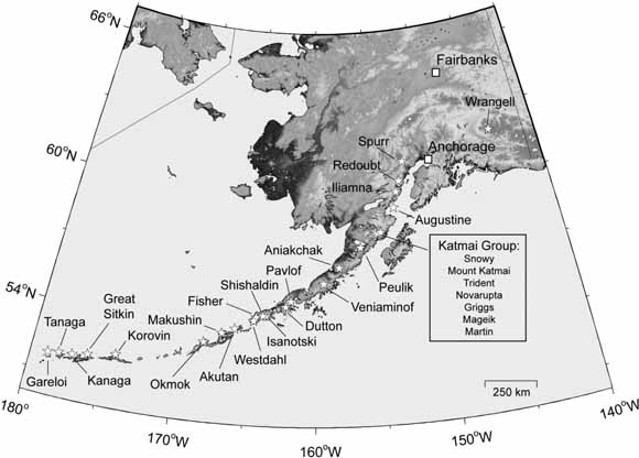 thumbnail view of map of most of Alaska showing locations of volcanoes