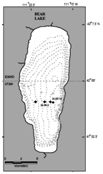 thumbnail image of figure 1 in report: map of Bear Lake showing bathymetry
