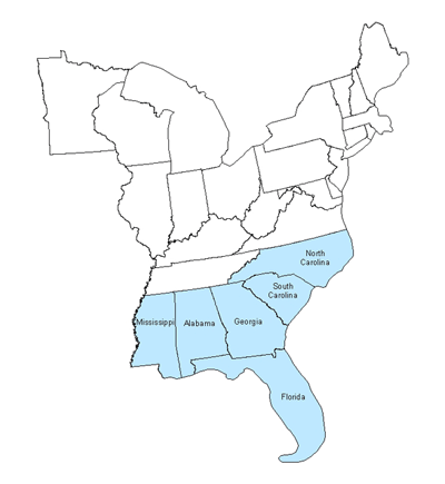 Map of Southeastern states
