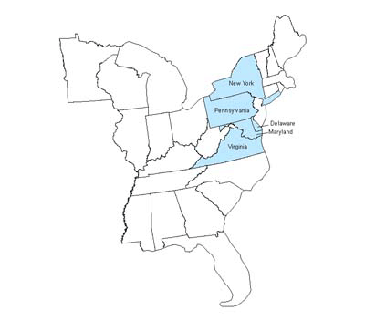 Index map of the eastern region showing Delaware, Maryland, New York, Pennsylvania and Virginia outlined