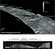 Figure 11. Perspective sonar image and bathymetric profiles looking towards the southwest.