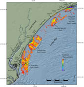Figure 3. Map showing thickness of modern sediment offshore of the northern South Carolina coast.