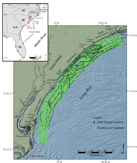 Figure 1. Map showing the location of the survey area offshore South Carolina between Little River Inlet to the north and Winyah Bay to the south.