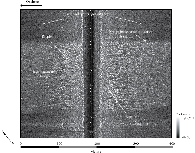 Figure 14. Sidescan-sonar image displaying the wave-orbital ripples within the high-backscatter shore-perpendicular lineations offshore of Myrtle Beach.
