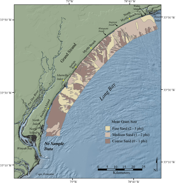 Figure 15. Map showing the mean grain size of surficial sediments in the study area. No sample data were available for the area south of North Inlet. 