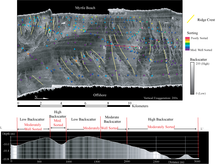 Figure 18. Top: Perspective view of sidescan-sonar imagery draped over bathymetry looking towards Myrtle Beach.  Bottom:  Shore-parallel bathymetric profile along a characteristic low-relief ridge showing variations in backscatter and sorting in relation to ridge morphology.  