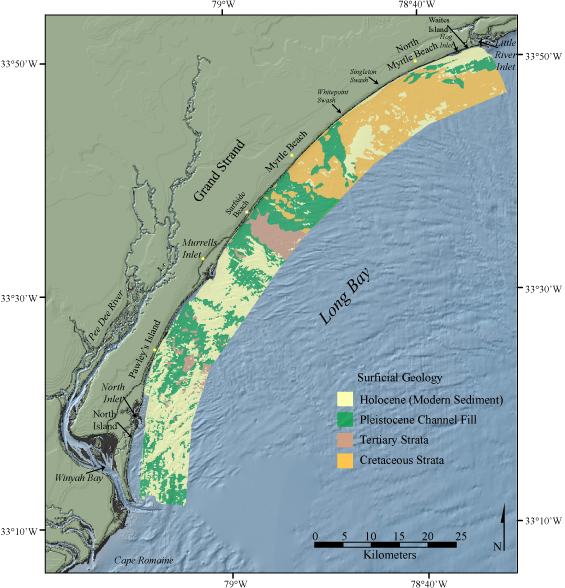 Figure 2. Map showing surficial geology offshore South Carolina between Little River Inlet to the north and Winyah Bay to the south.