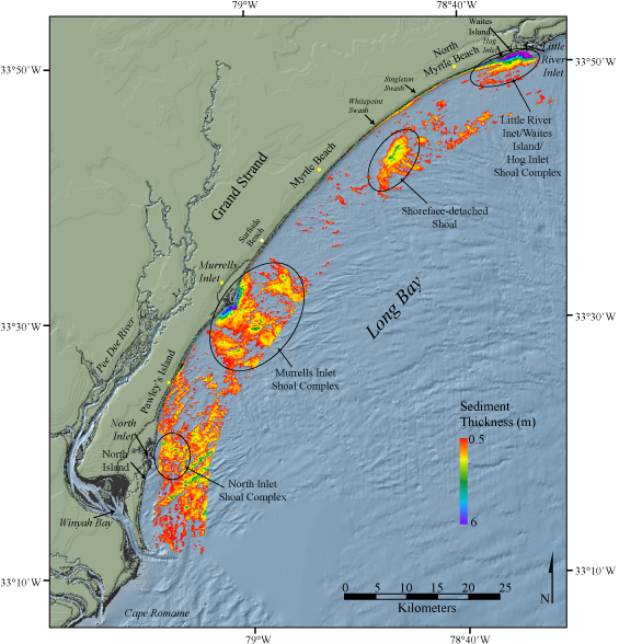 Figure 1. Map showing the thickness of modern sediment offshore South Carolina between Little River Inlet to the north and Winyah Bay to the south.