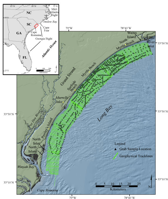 Figure 1. Map showing the location of the survey area offshore South Carolina between Little River Inlet to the north and Winyah Bay to the south.
