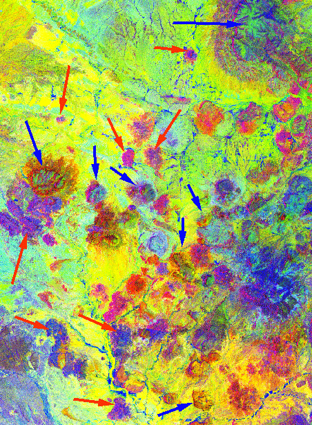 Sub-area 1 image of color-ratio composite of Landsat band ratios 3/4, 3/1, and 5/7 as shades of red, green, and blue.