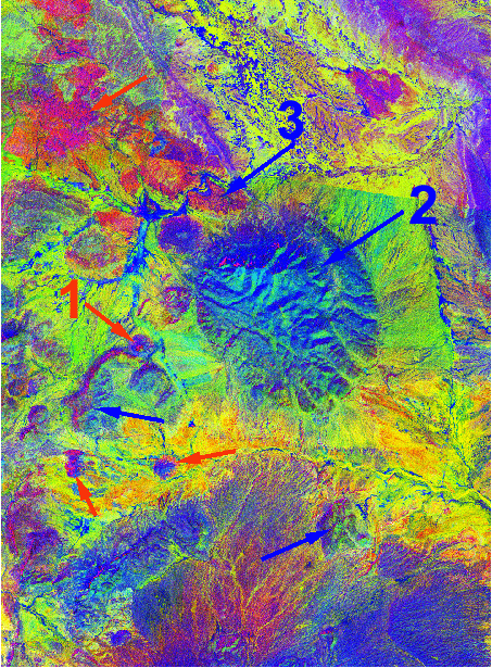 Sub-area 2 color-ratio composite of Landsat band ratios 3/4, 3/1, and 5/7 as shades