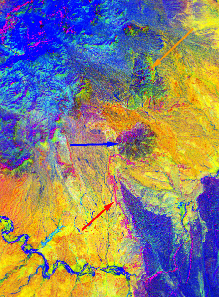 Sub-area 3 color-ratio composite of Landsat band ratios 3/4, 3/1, and 5/7 as shades
