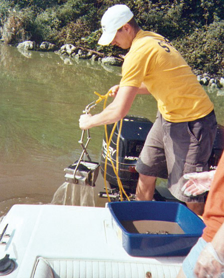 Photograph showing sampling techniques. To collect a bed-sediment sample, the field crew used a sterile Petite Grab sampler and deposited three subsamples into a clean and sterile washtub.