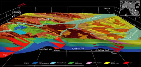 The 3D geological model of Sheet 280-Fossombrone in a perspective view from the south
