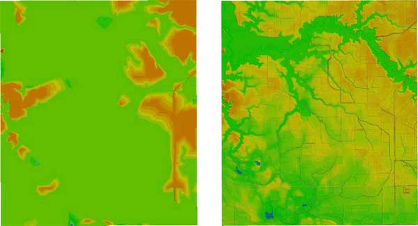 Example of improved detail afforded by LIDAR DEMs (right) over standard 7.5-minute quadrangle DEMs
