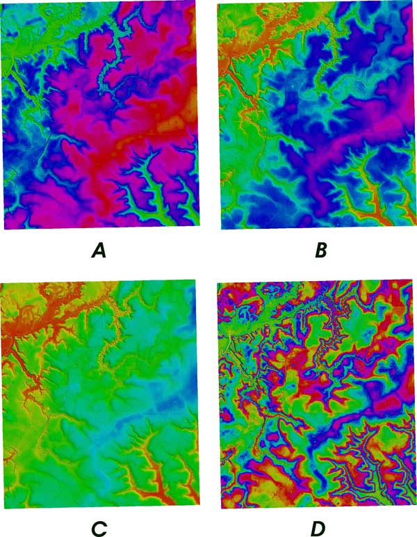 Artificial differences in appearance created using different shader options for the same LIDAR DEM of an area
