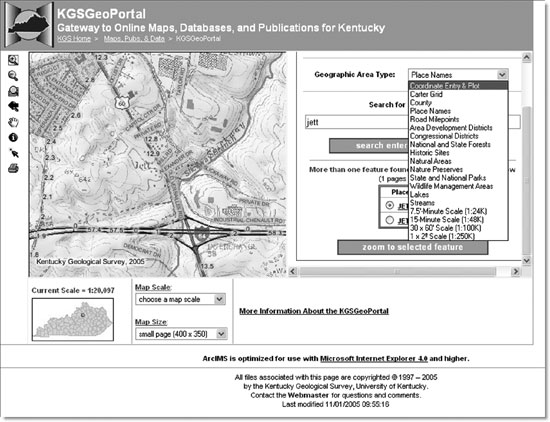 Fig. 1. Upper part of KGSGeoPortal site showing map and geographic search types